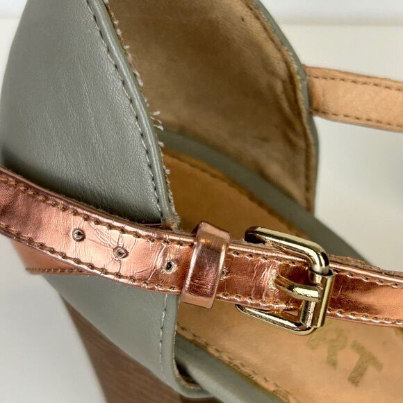 Report Meg T Strap Heels Woven Gray & Metallic Rose Gold Open Toe Block Heel 8 - Picture 11 of 11